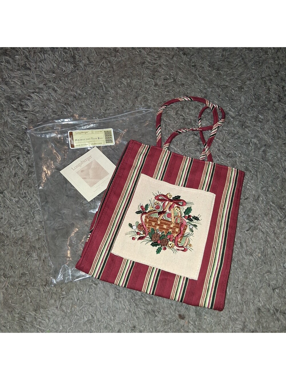 Longaberger Holiday 2005 Red Stripe Embroidered Floral Gift Tote Bag New